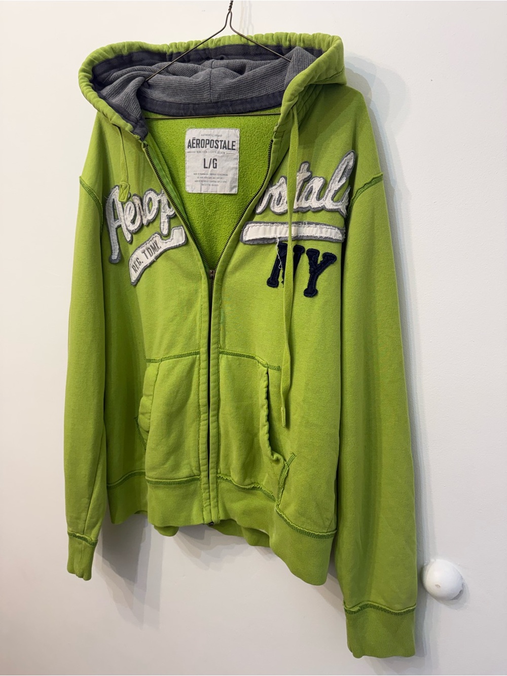 Y2K Aeropostale Lime Green Full Zip Hoodie Large Appliqué Logo 2000s